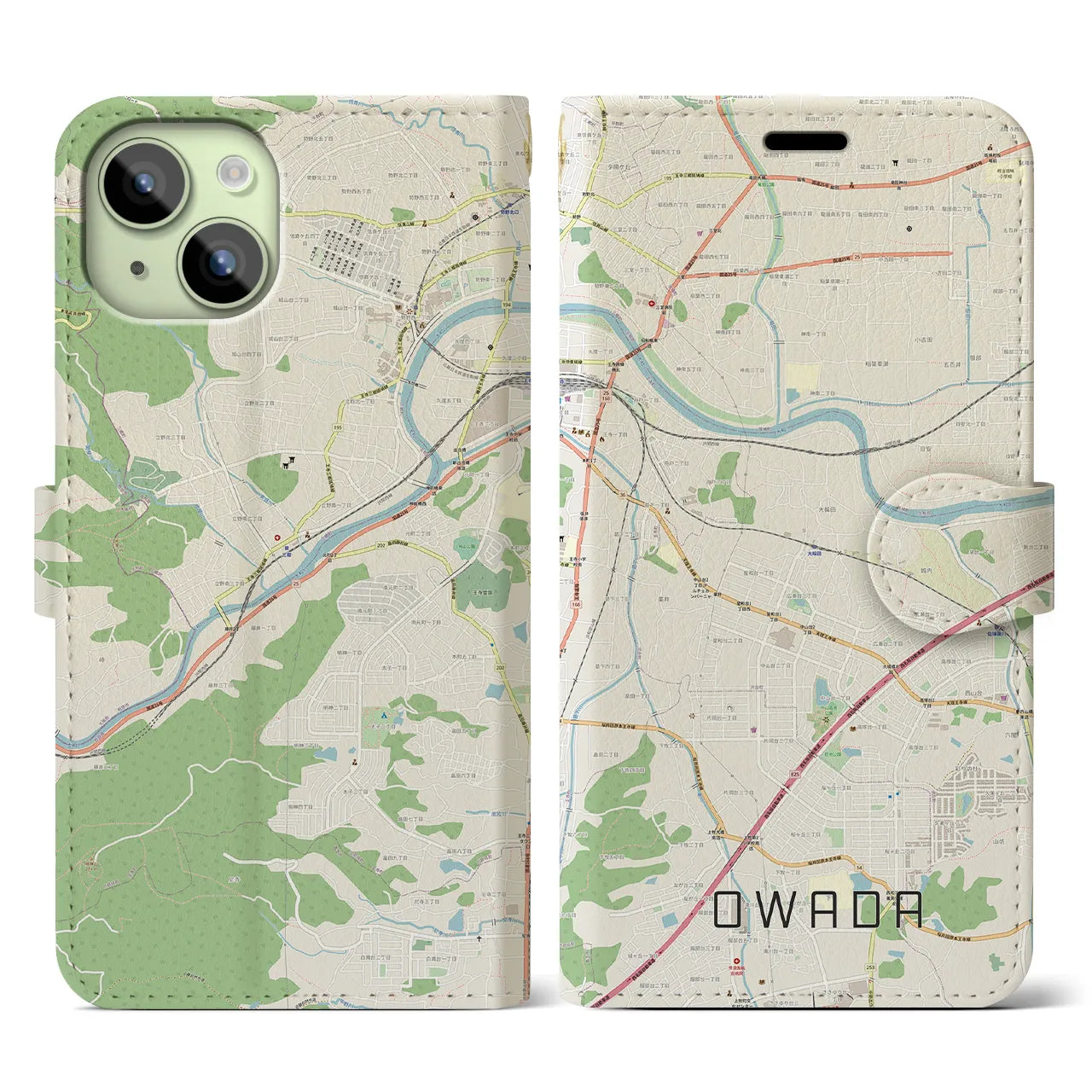 【大輪田】地図柄iPhoneケース（手帳両面タイプ・ナチュラル）iPhone 15 用