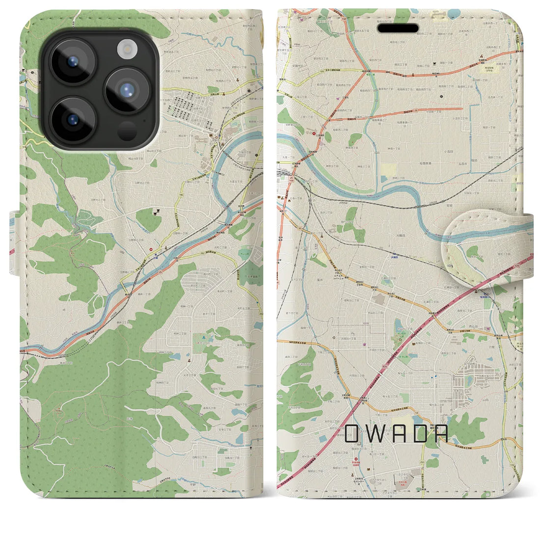【大輪田】地図柄iPhoneケース（手帳両面タイプ・ナチュラル）iPhone 15 Pro Max 用