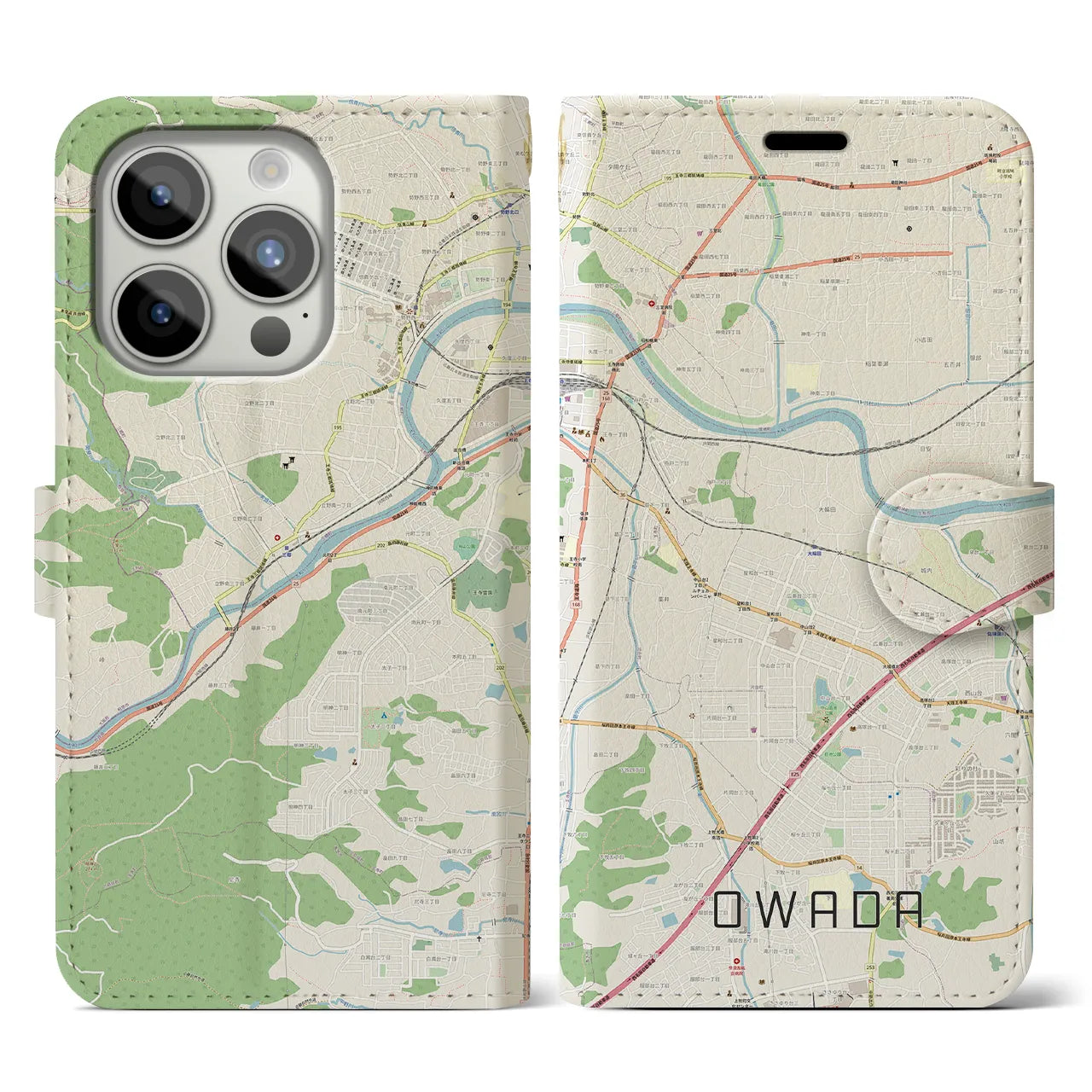 【大輪田】地図柄iPhoneケース（手帳両面タイプ・ナチュラル）iPhone 15 Pro 用