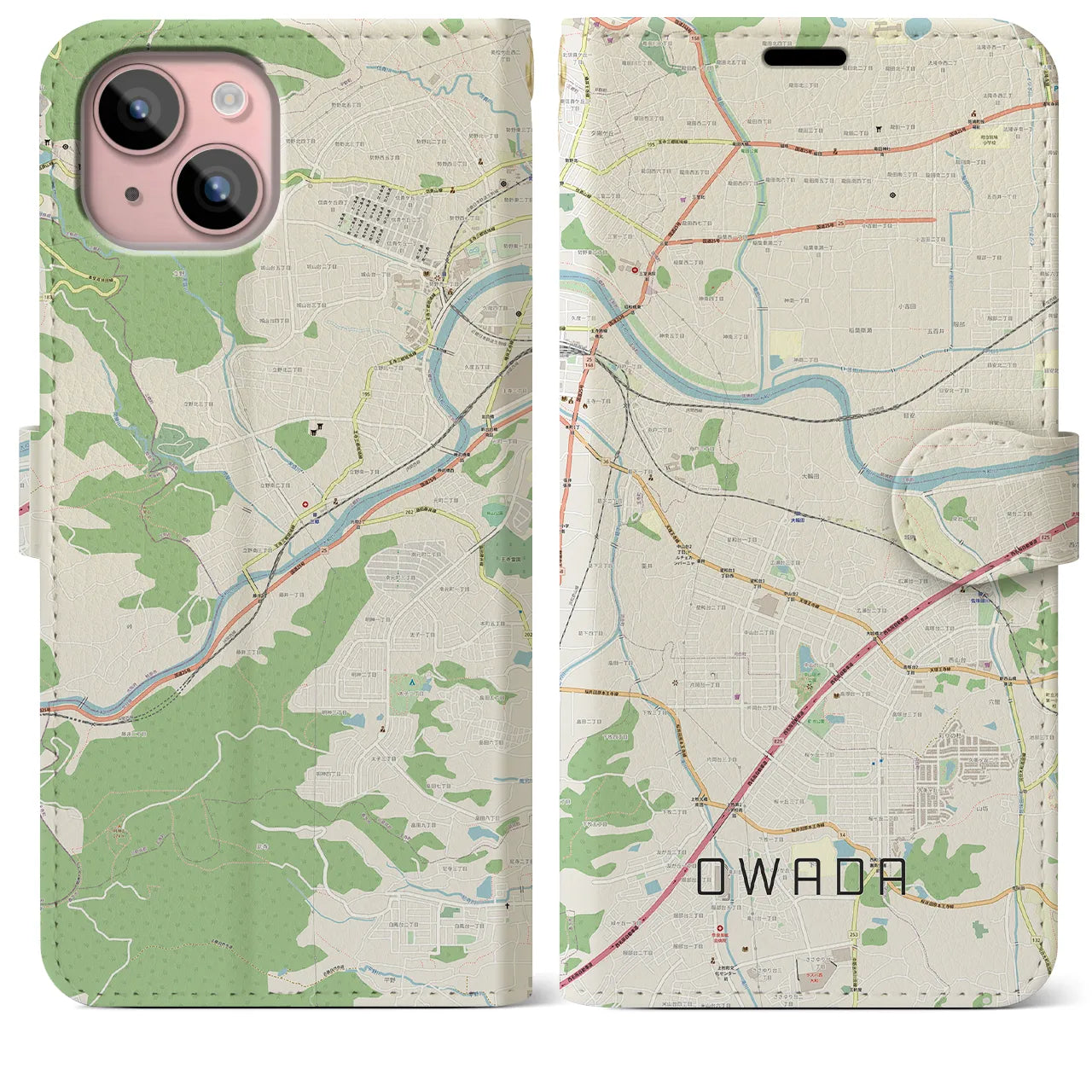 【大輪田】地図柄iPhoneケース（手帳両面タイプ・ナチュラル）iPhone 15 Plus 用