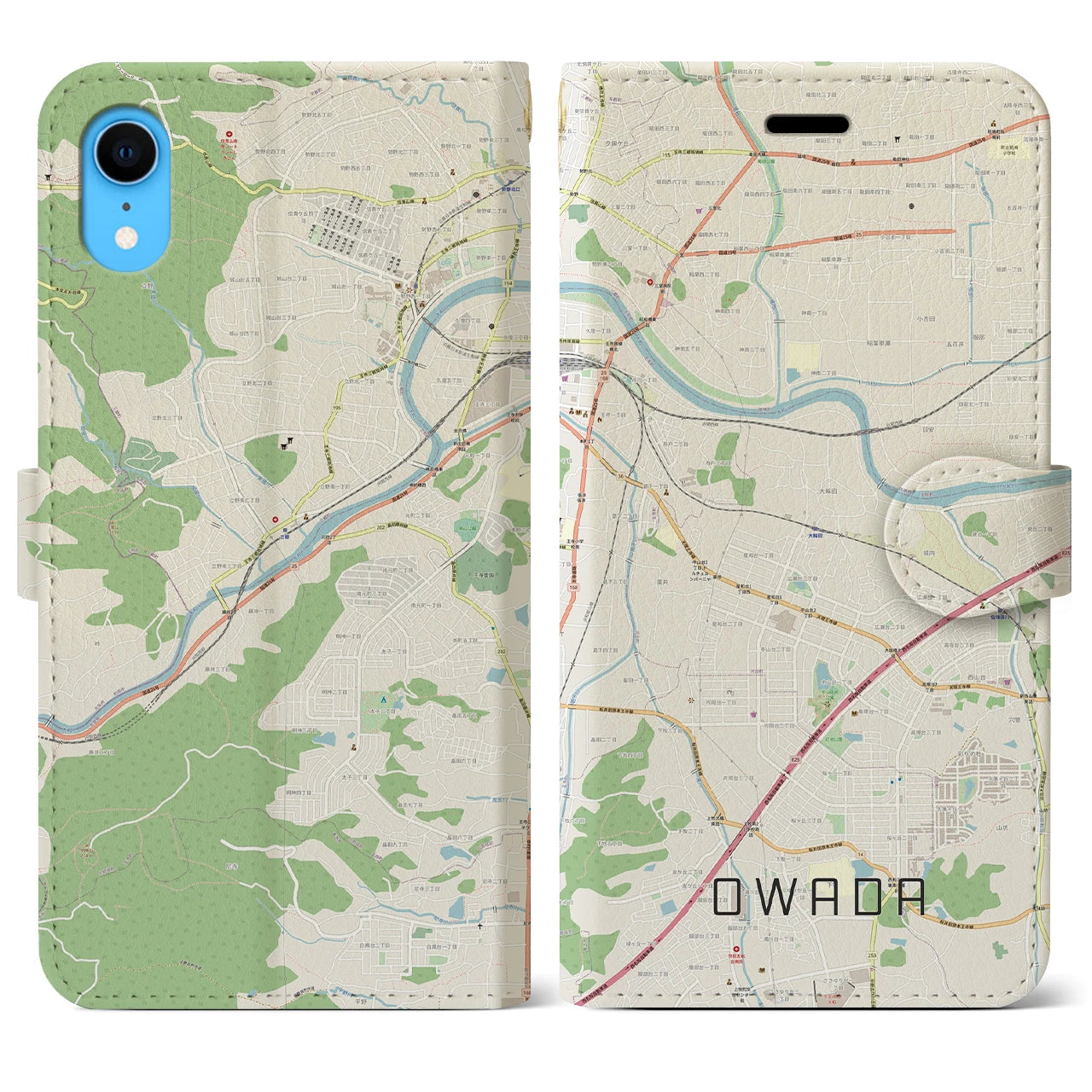 【大輪田】地図柄iPhoneケース（手帳両面タイプ・ナチュラル）iPhone XR 用