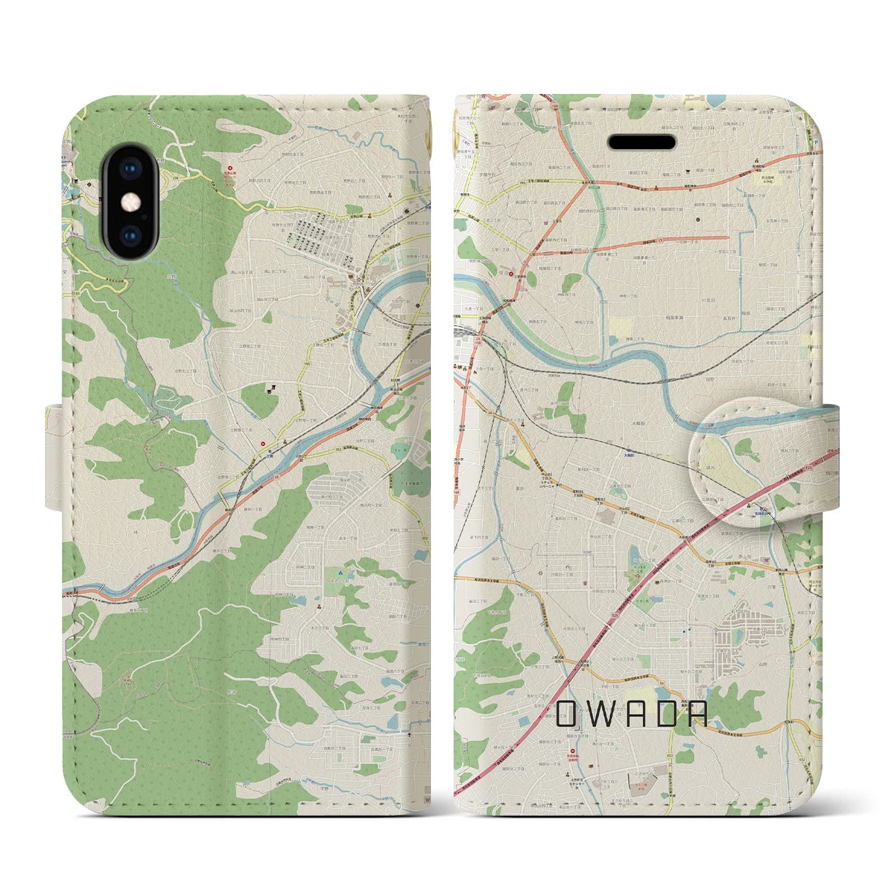 【大輪田】地図柄iPhoneケース（手帳両面タイプ・ナチュラル）iPhone XS / X 用