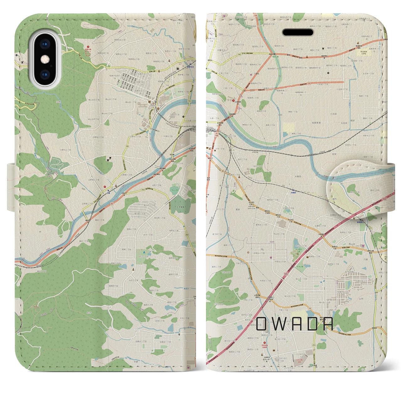 【大輪田】地図柄iPhoneケース（手帳両面タイプ・ナチュラル）iPhone XS Max 用