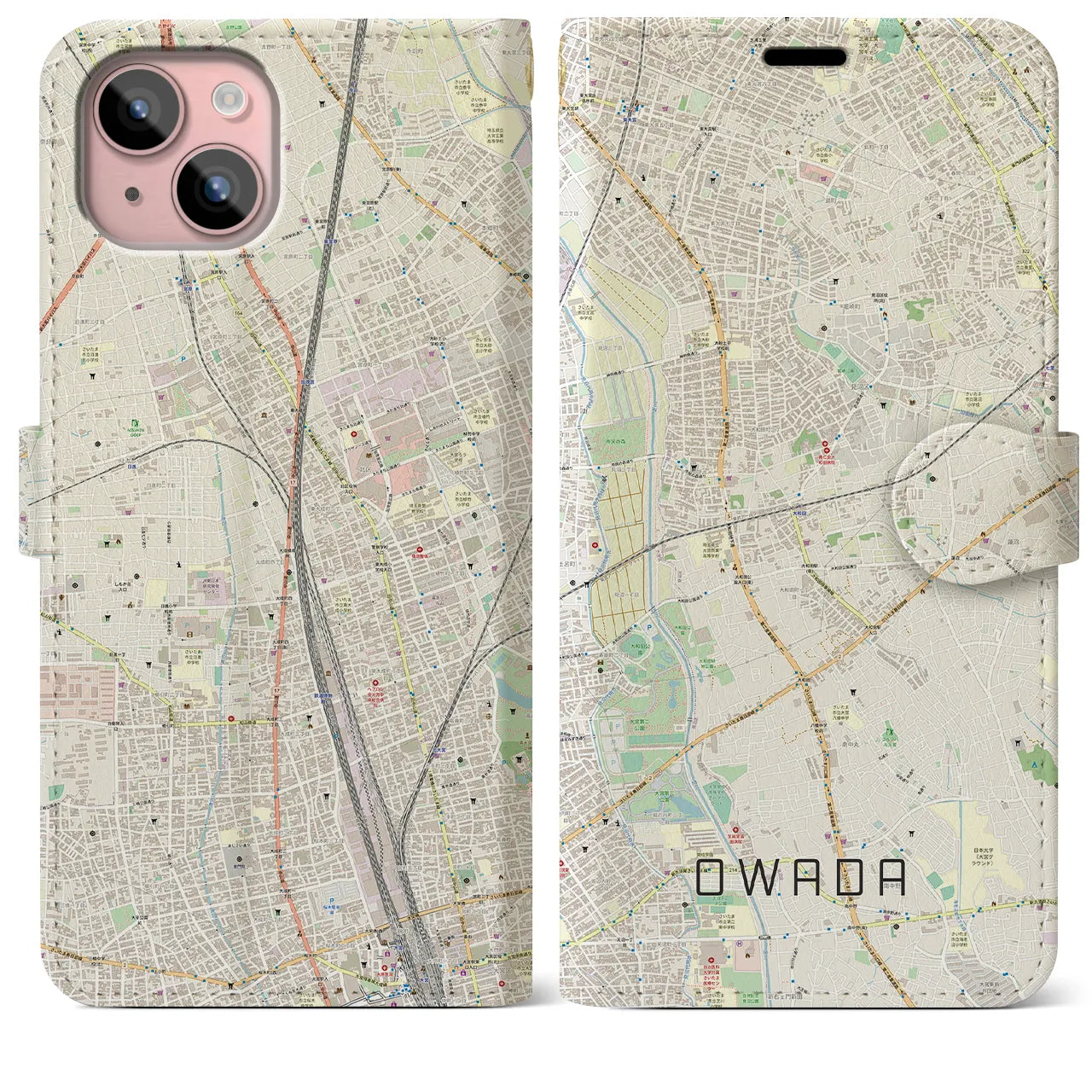 【大和田】地図柄iPhoneケース（手帳両面タイプ・ナチュラル）iPhone 15 Plus 用
