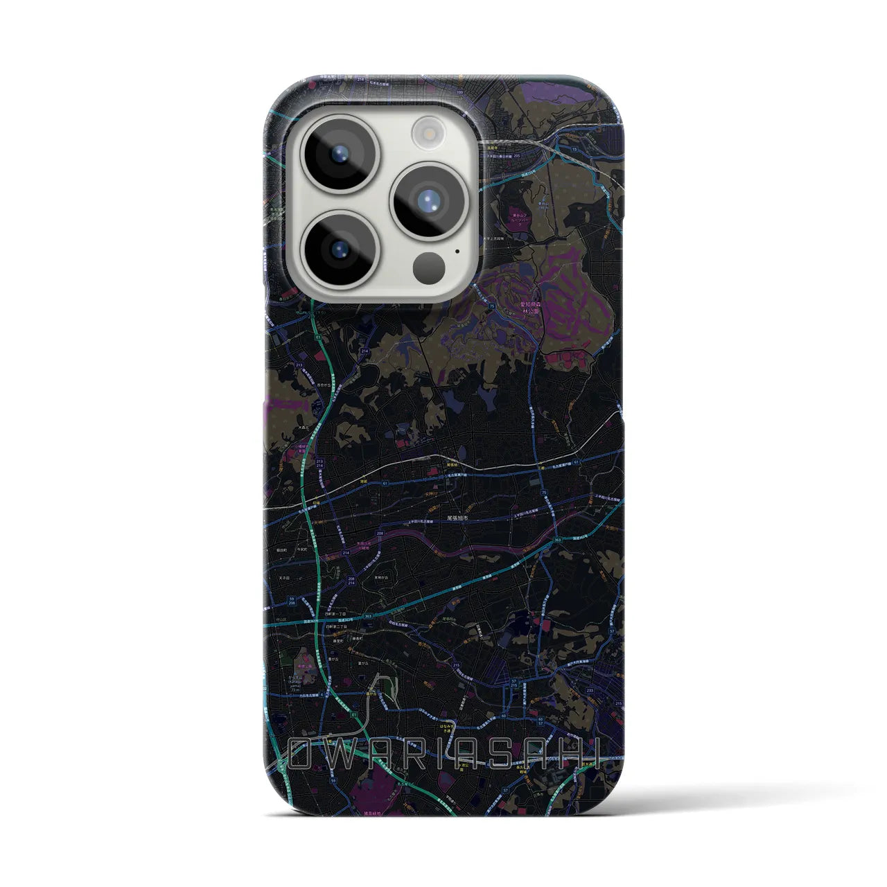 【尾張旭】地図柄iPhoneケース（バックカバータイプ・ブラック）iPhone 15 Pro 用