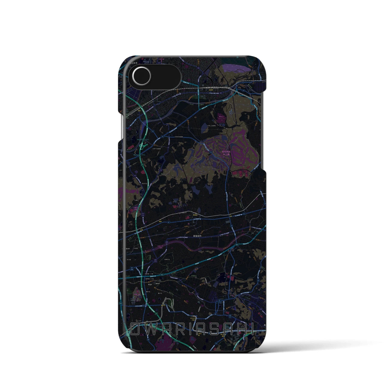 【尾張旭】地図柄iPhoneケース（バックカバータイプ・ブラック）iPhone SE（第3 / 第2世代） / 8 / 7 / 6s / 6 用