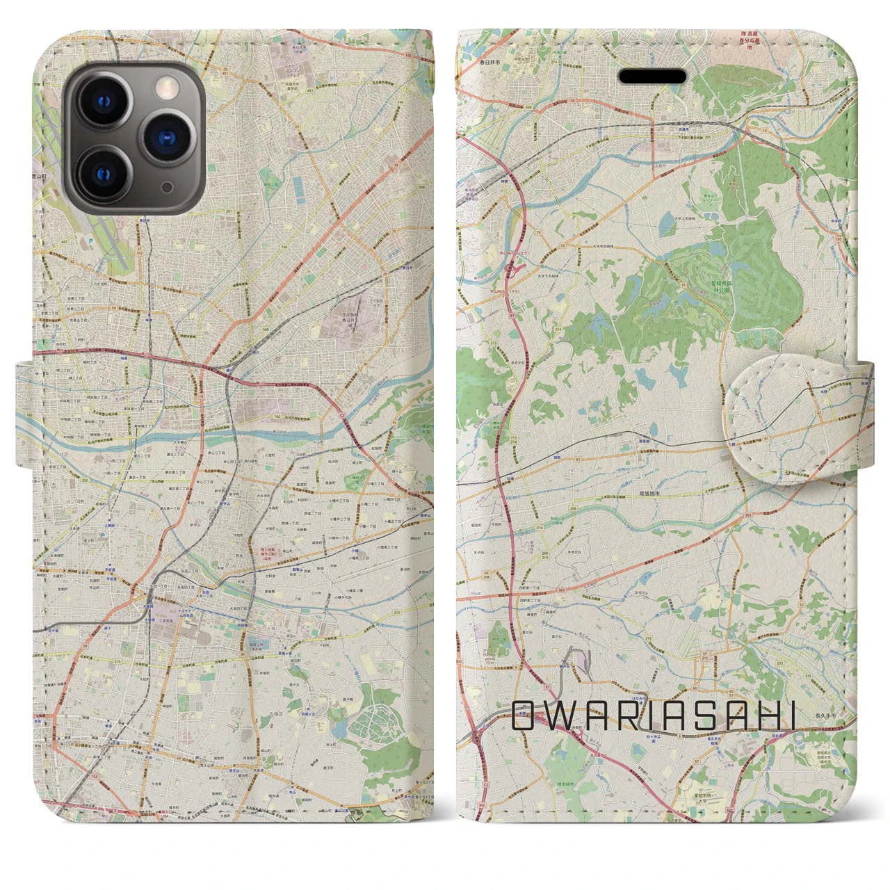 【尾張旭】地図柄iPhoneケース（手帳両面タイプ・ナチュラル）iPhone 11 Pro Max 用