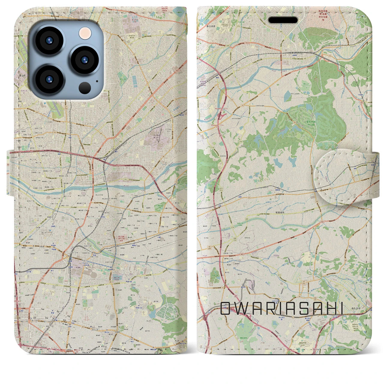 【尾張旭】地図柄iPhoneケース（手帳両面タイプ・ナチュラル）iPhone 13 Pro Max 用