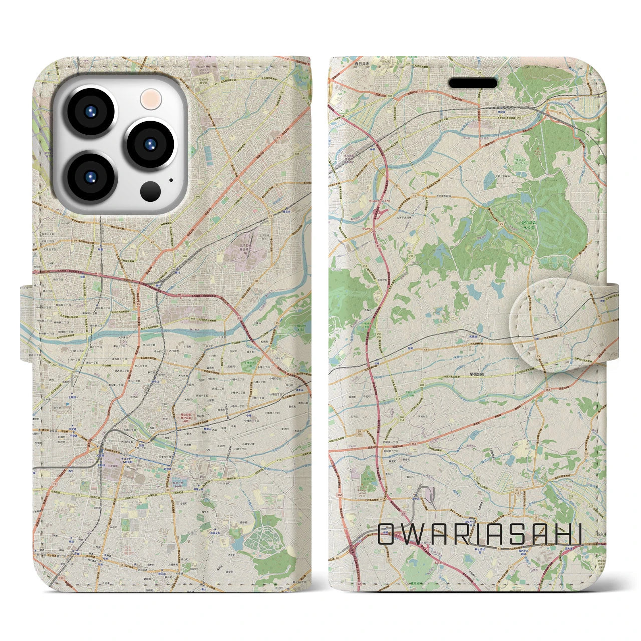 【尾張旭】地図柄iPhoneケース（手帳両面タイプ・ナチュラル）iPhone 13 Pro 用