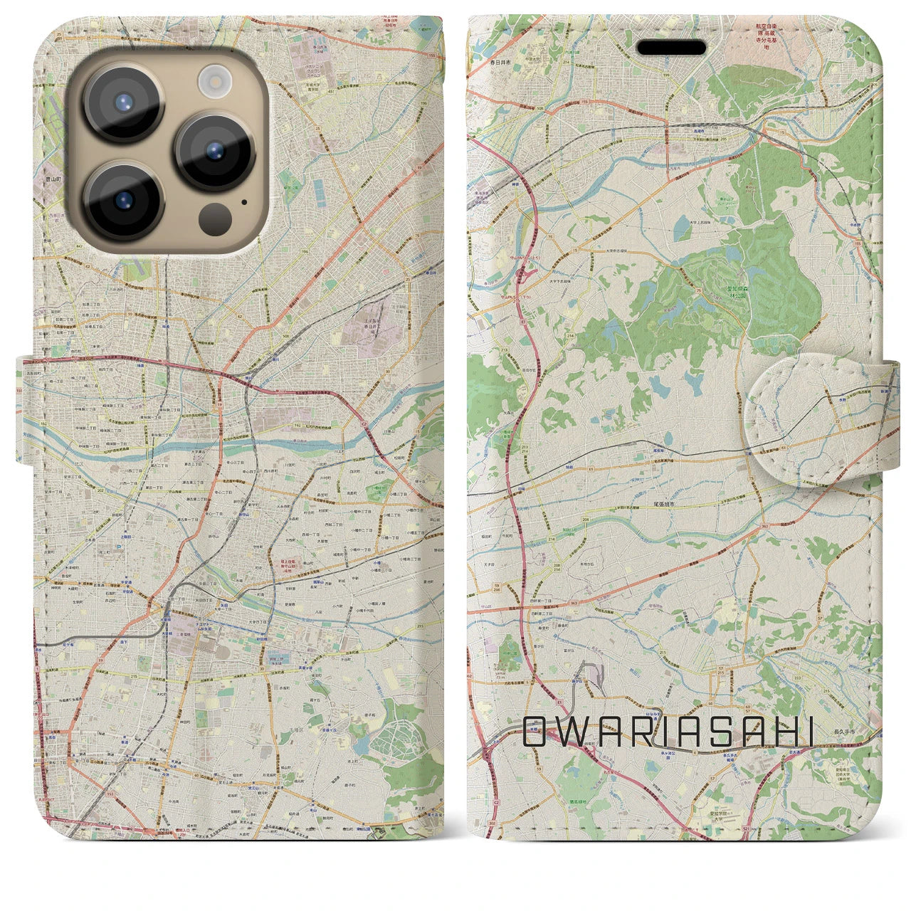 【尾張旭】地図柄iPhoneケース（手帳両面タイプ・ナチュラル）iPhone 14 Pro Max 用