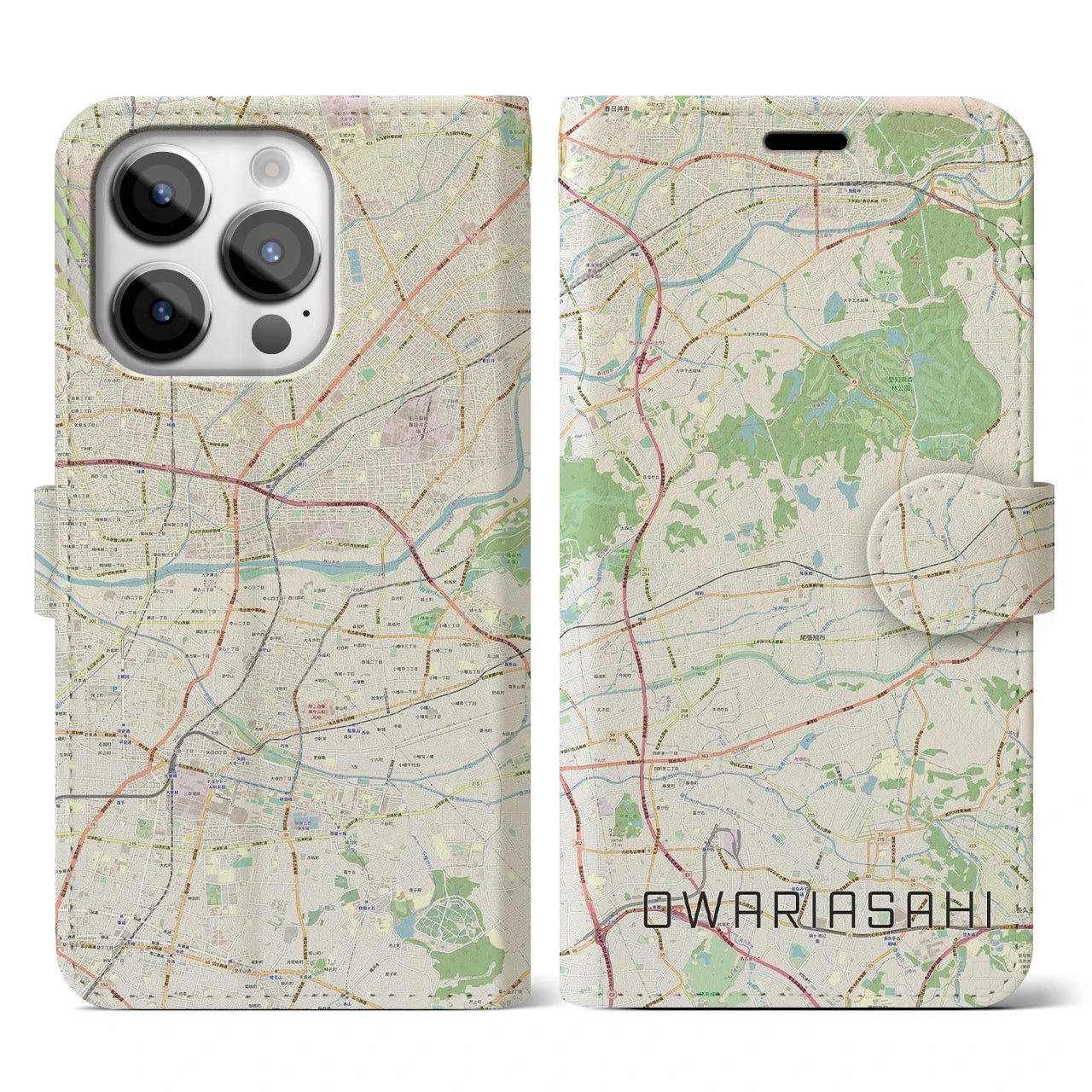 【尾張旭】地図柄iPhoneケース（手帳両面タイプ・ナチュラル）iPhone 14 Pro 用