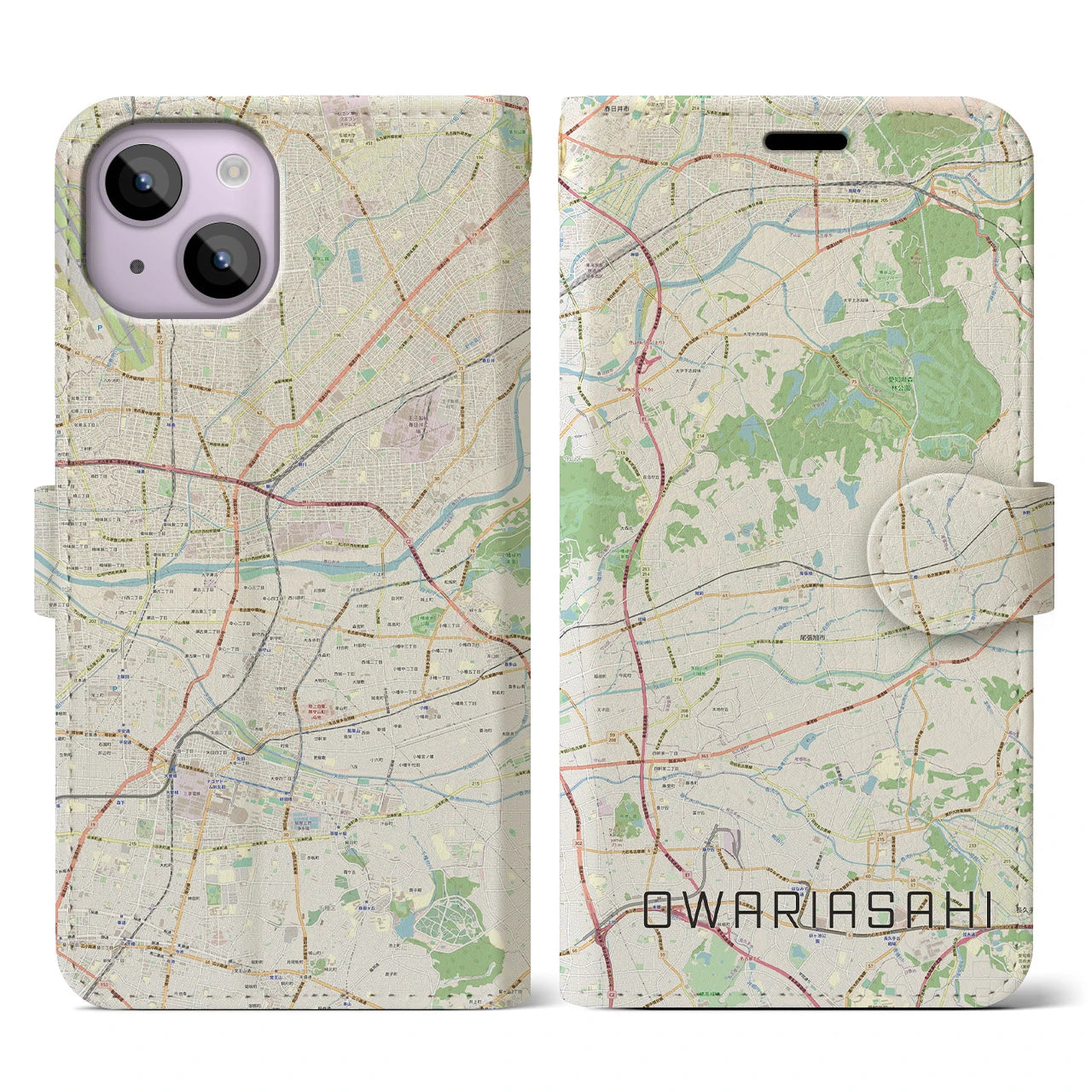 【尾張旭】地図柄iPhoneケース（手帳両面タイプ・ナチュラル）iPhone 14 用