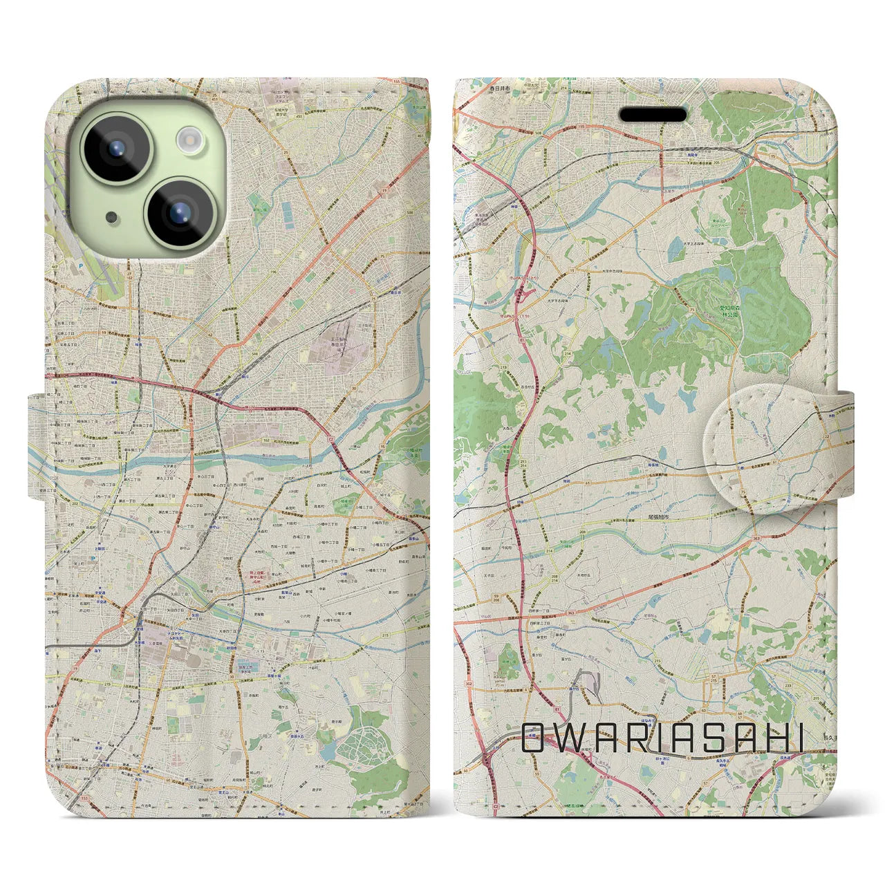 【尾張旭】地図柄iPhoneケース（手帳両面タイプ・ナチュラル）iPhone 15 用