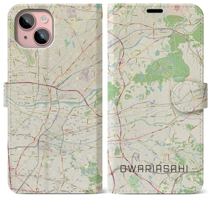 【尾張旭（愛知県）】地図柄iPhoneケース（手帳タイプ）ナチュラル・iPhone 15 Plus 用