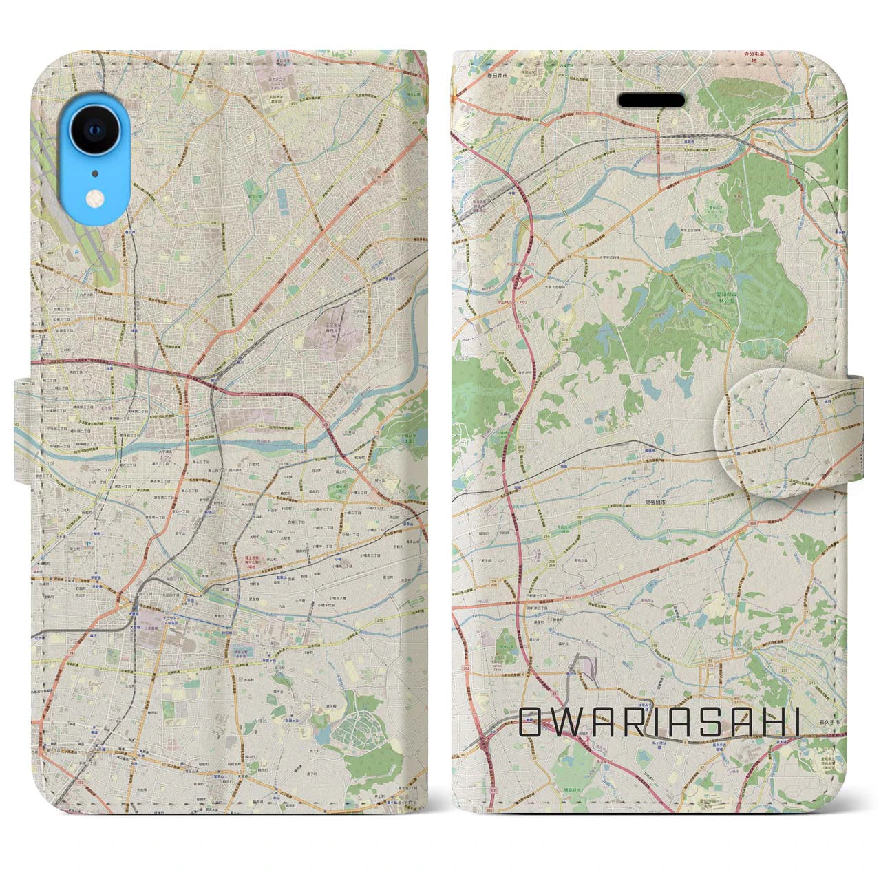 【尾張旭】地図柄iPhoneケース（手帳両面タイプ・ナチュラル）iPhone XR 用