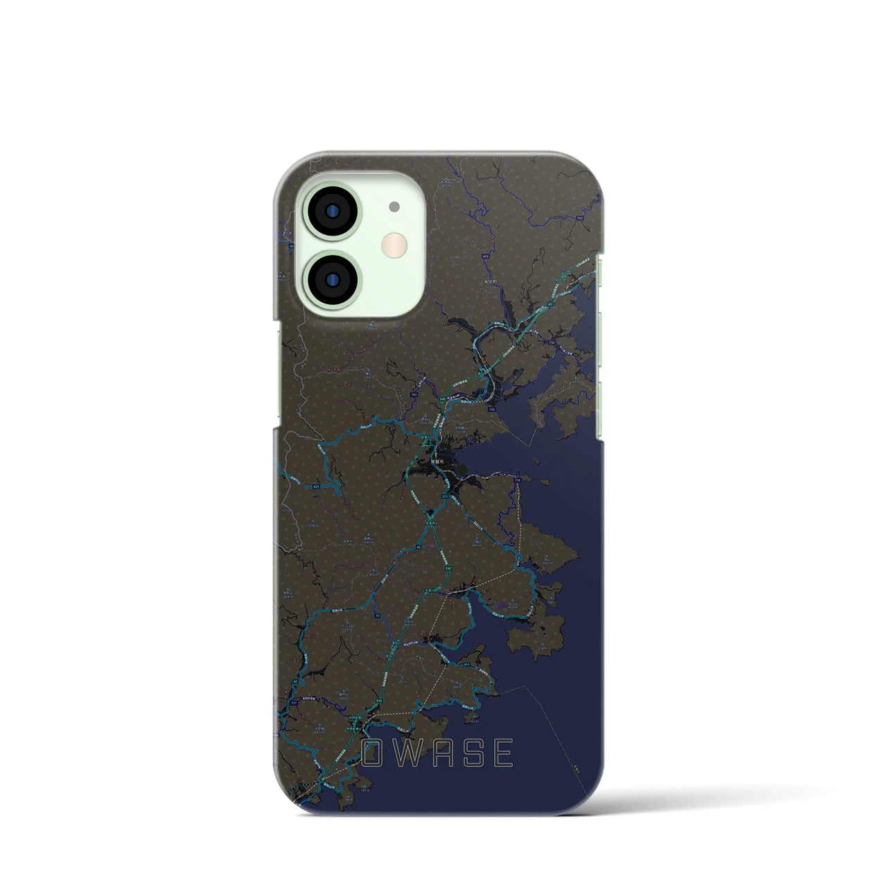 【尾鷲】地図柄iPhoneケース（バックカバータイプ・ブラック）iPhone 12 mini 用