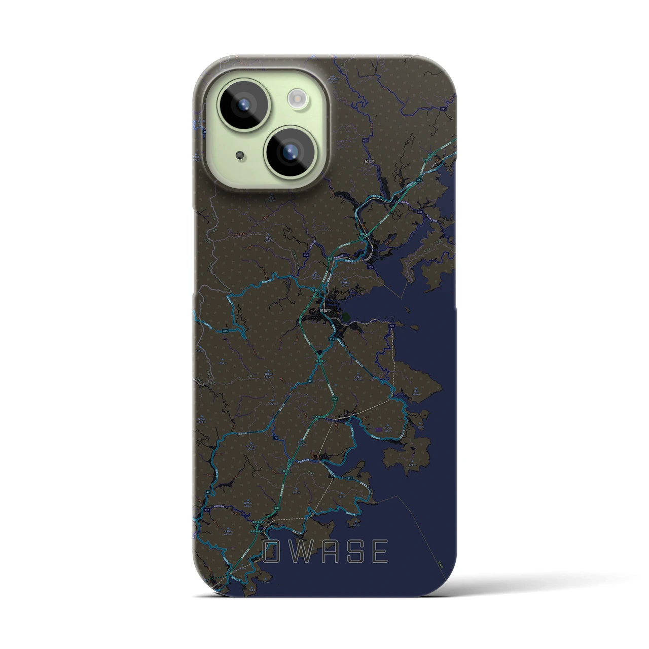 【尾鷲】地図柄iPhoneケース（バックカバータイプ・ブラック）iPhone 15 用
