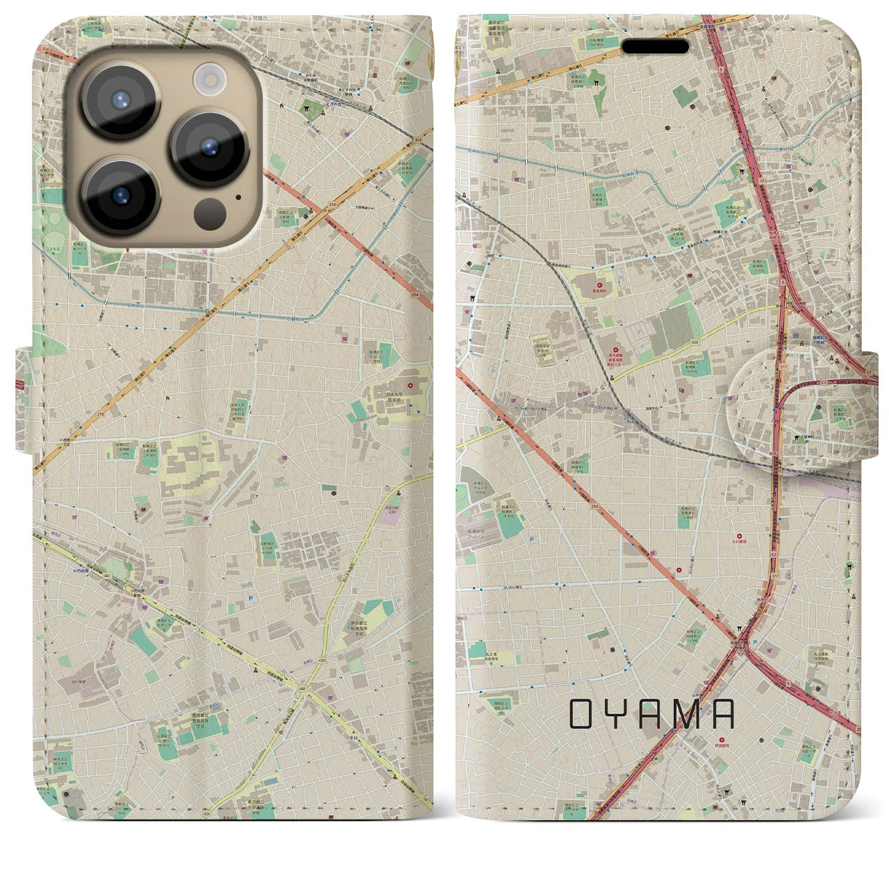 【大山（東京都）】地図柄iPhoneケース（手帳両面タイプ・ナチュラル）iPhone 14 Pro Max 用