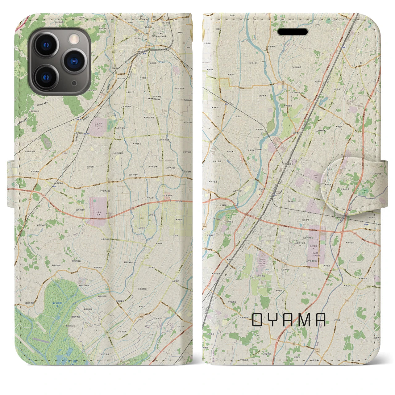 【小山】地図柄iPhoneケース（手帳両面タイプ・ナチュラル）iPhone 11 Pro Max 用