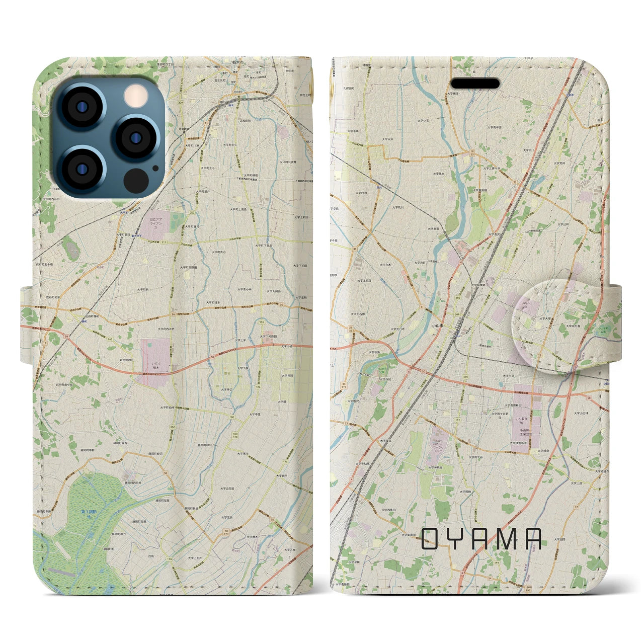 【小山】地図柄iPhoneケース（手帳両面タイプ・ナチュラル）iPhone 12 / 12 Pro 用