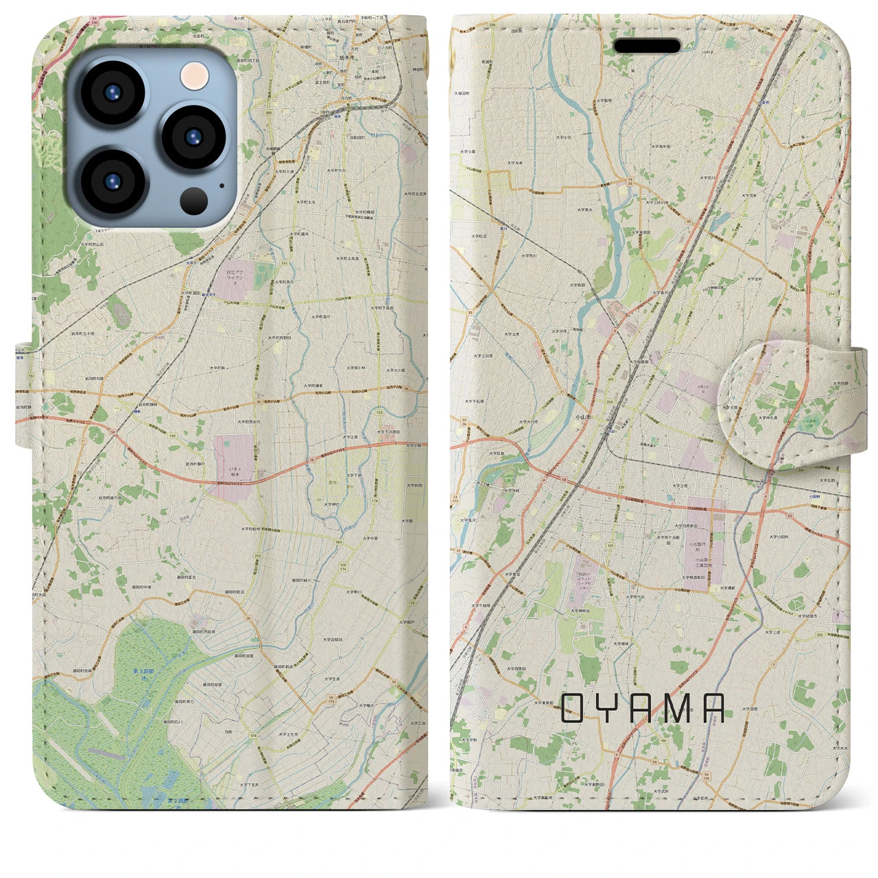 【小山】地図柄iPhoneケース（手帳両面タイプ・ナチュラル）iPhone 13 Pro Max 用