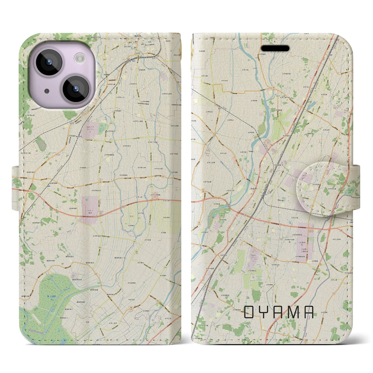 【小山】地図柄iPhoneケース（手帳両面タイプ・ナチュラル）iPhone 14 用