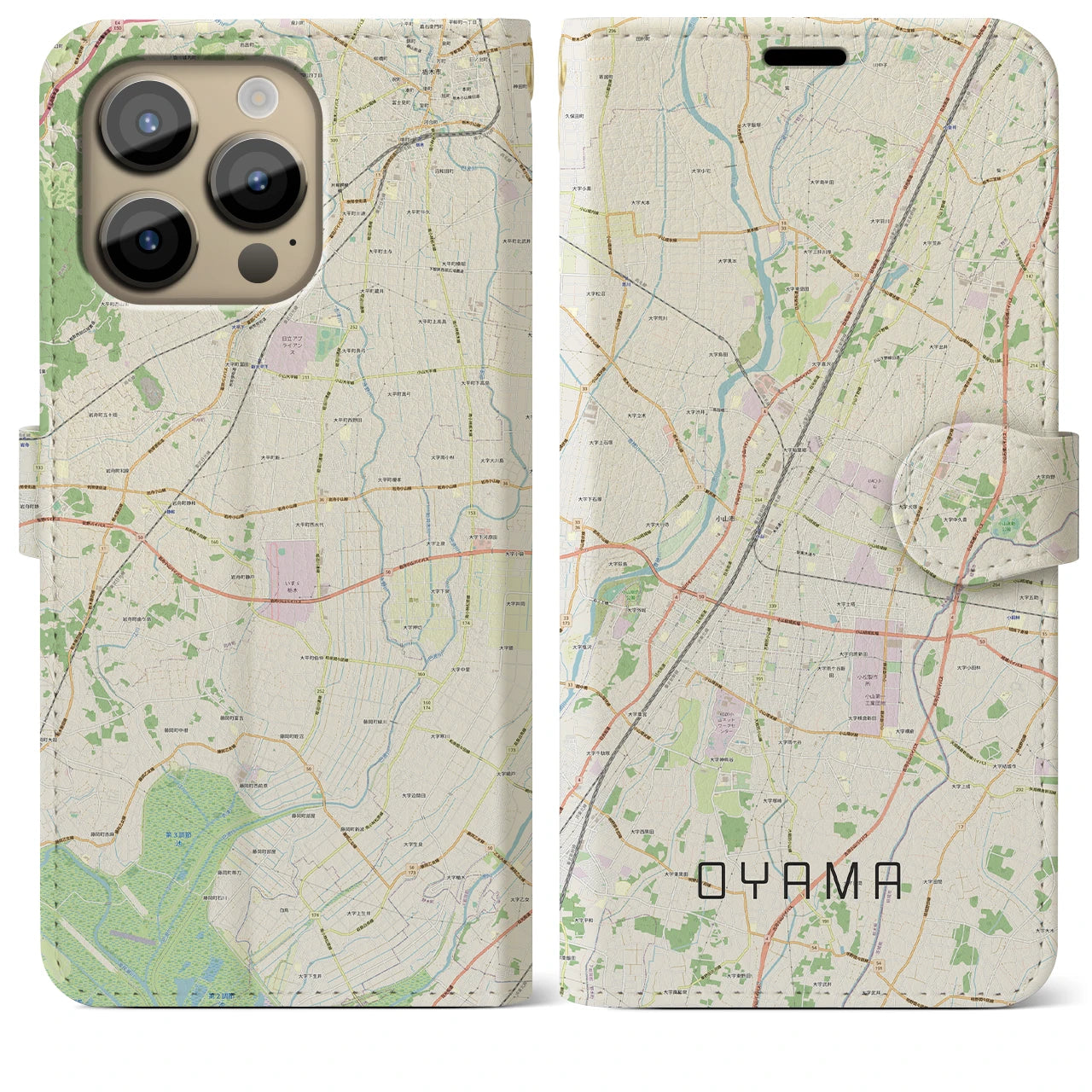 【小山】地図柄iPhoneケース（手帳両面タイプ・ナチュラル）iPhone 14 Pro Max 用