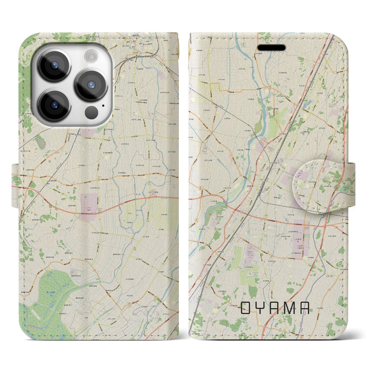 【小山】地図柄iPhoneケース（手帳両面タイプ・ナチュラル）iPhone 14 Pro 用