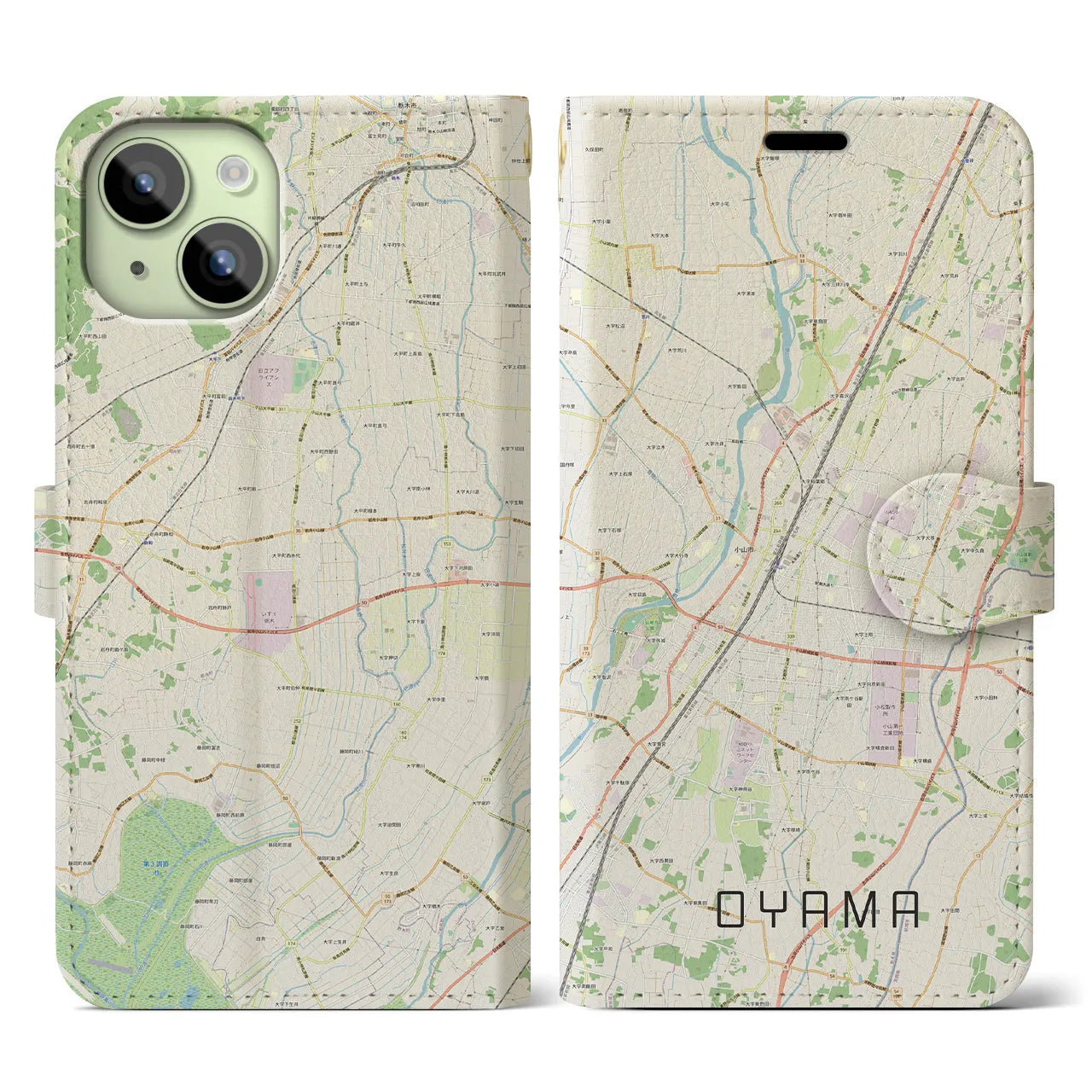 【小山】地図柄iPhoneケース（手帳両面タイプ・ナチュラル）iPhone 15 用