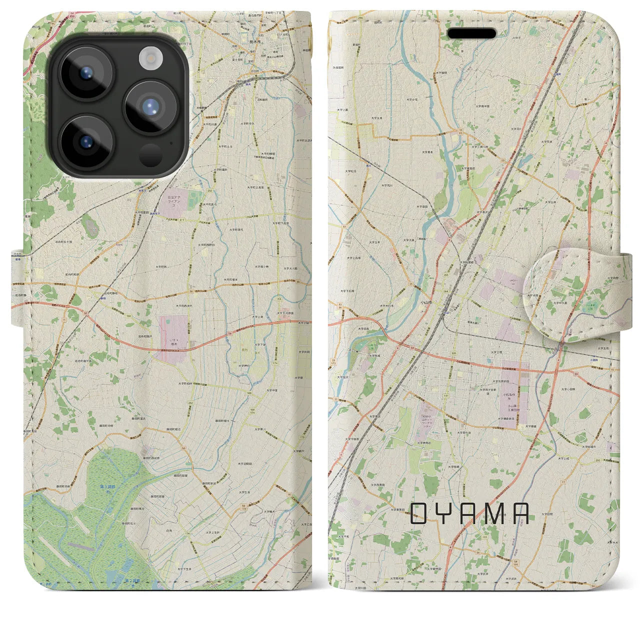 【小山】地図柄iPhoneケース（手帳両面タイプ・ナチュラル）iPhone 15 Pro Max 用