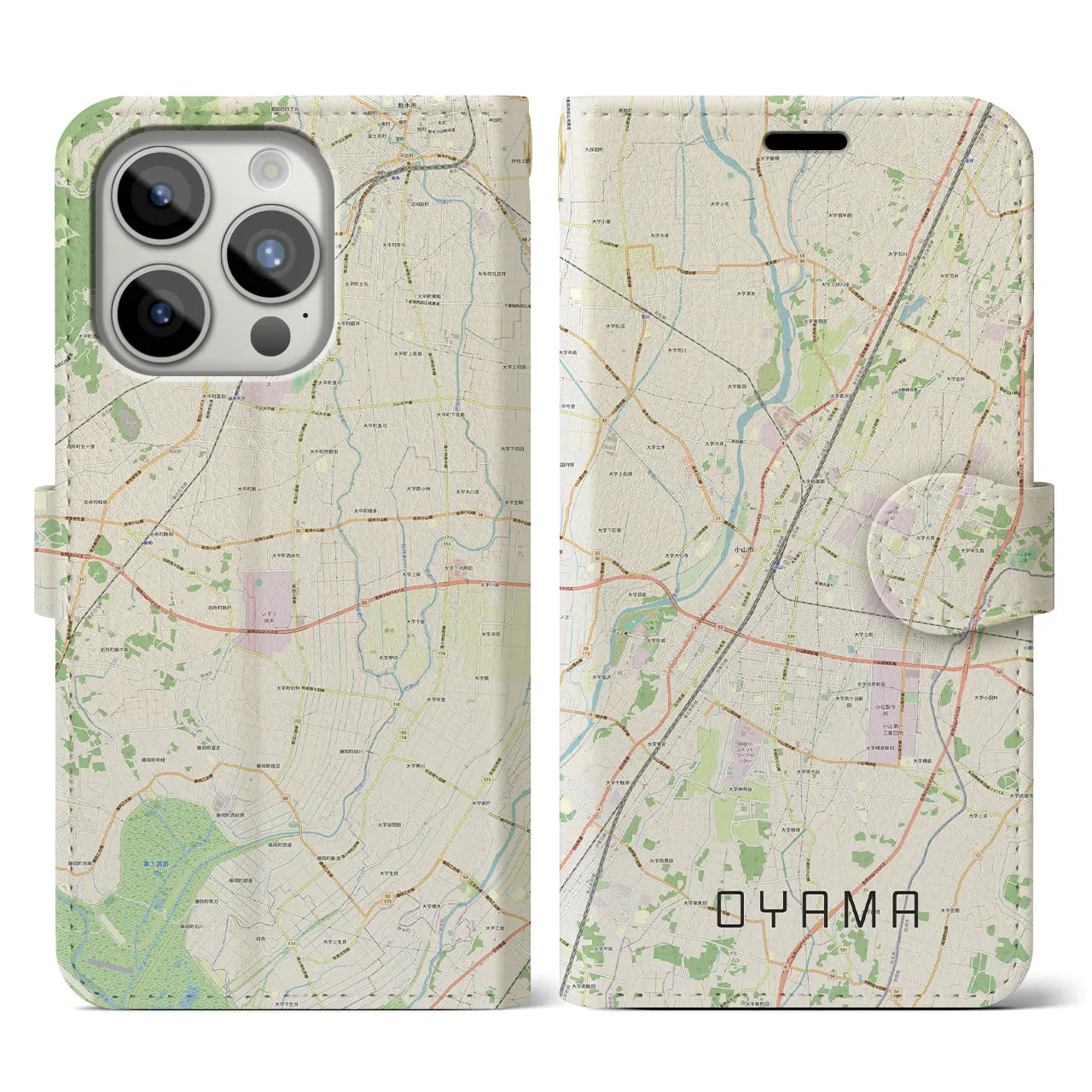 【小山】地図柄iPhoneケース（手帳両面タイプ・ナチュラル）iPhone 15 Pro 用