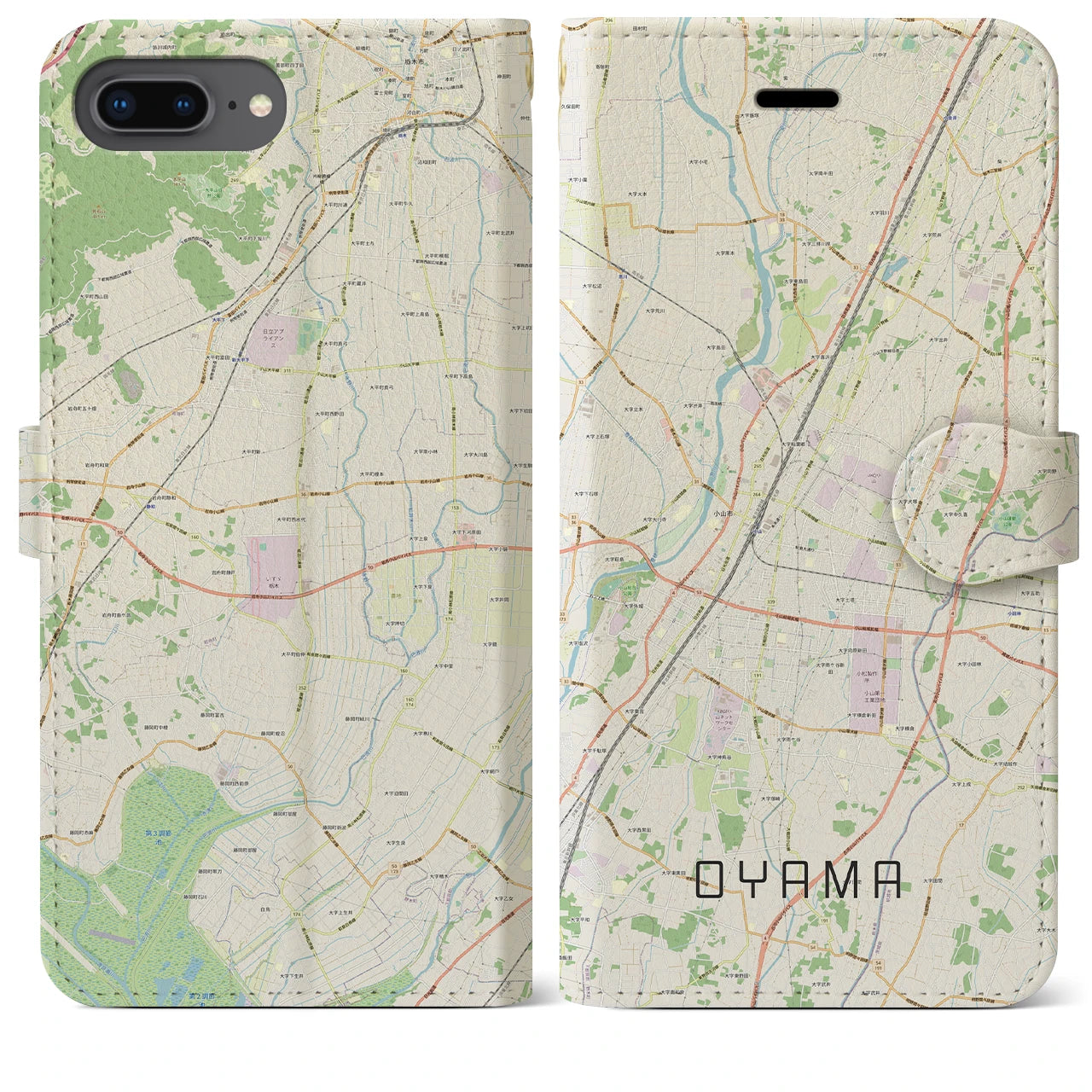 【小山】地図柄iPhoneケース（手帳両面タイプ・ナチュラル）iPhone 8Plus /7Plus / 6sPlus / 6Plus 用