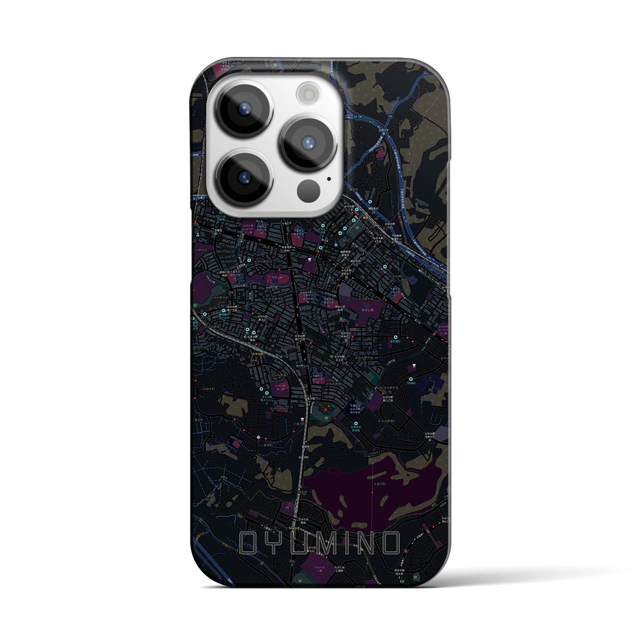 【おゆみ野】地図柄iPhoneケース（バックカバータイプ・ブラック）iPhone 14 Pro 用