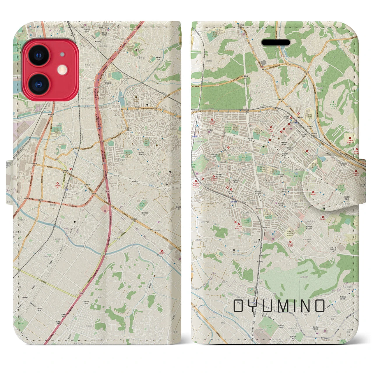 【おゆみ野】地図柄iPhoneケース（手帳両面タイプ・ナチュラル）iPhone 11 用