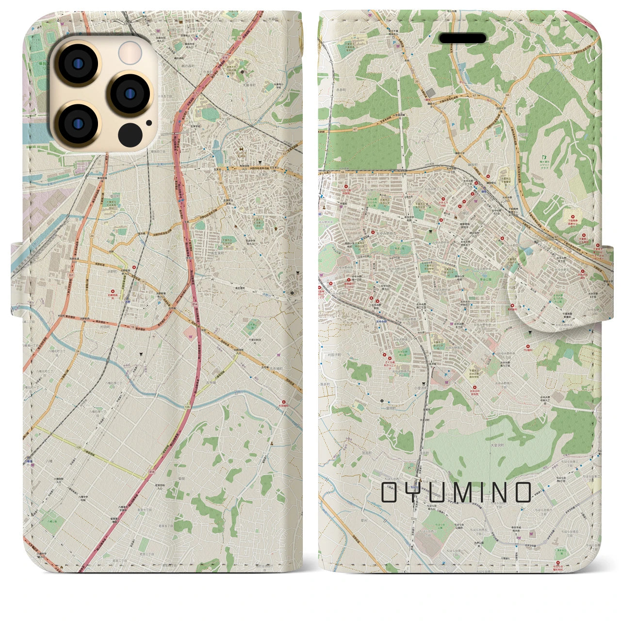 【おゆみ野】地図柄iPhoneケース（手帳両面タイプ・ナチュラル）iPhone 12 Pro Max 用