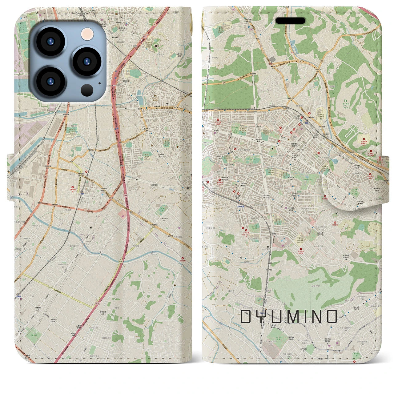 【おゆみ野】地図柄iPhoneケース（手帳両面タイプ・ナチュラル）iPhone 13 Pro Max 用