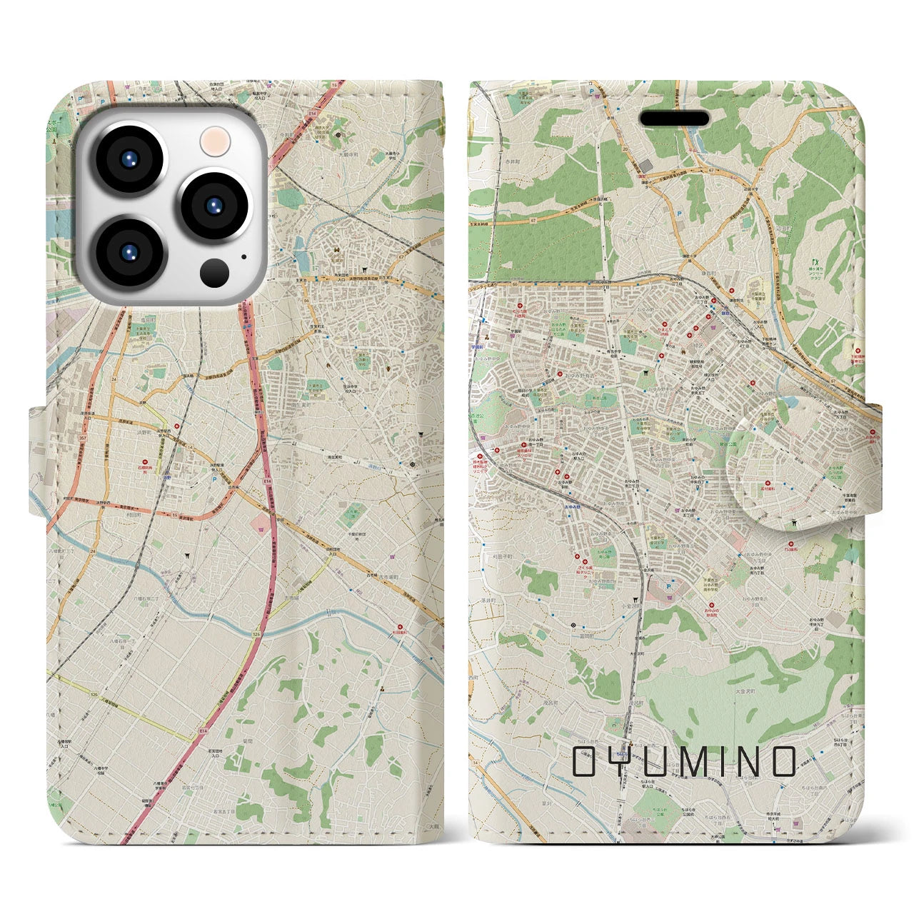 【おゆみ野】地図柄iPhoneケース（手帳両面タイプ・ナチュラル）iPhone 13 Pro 用