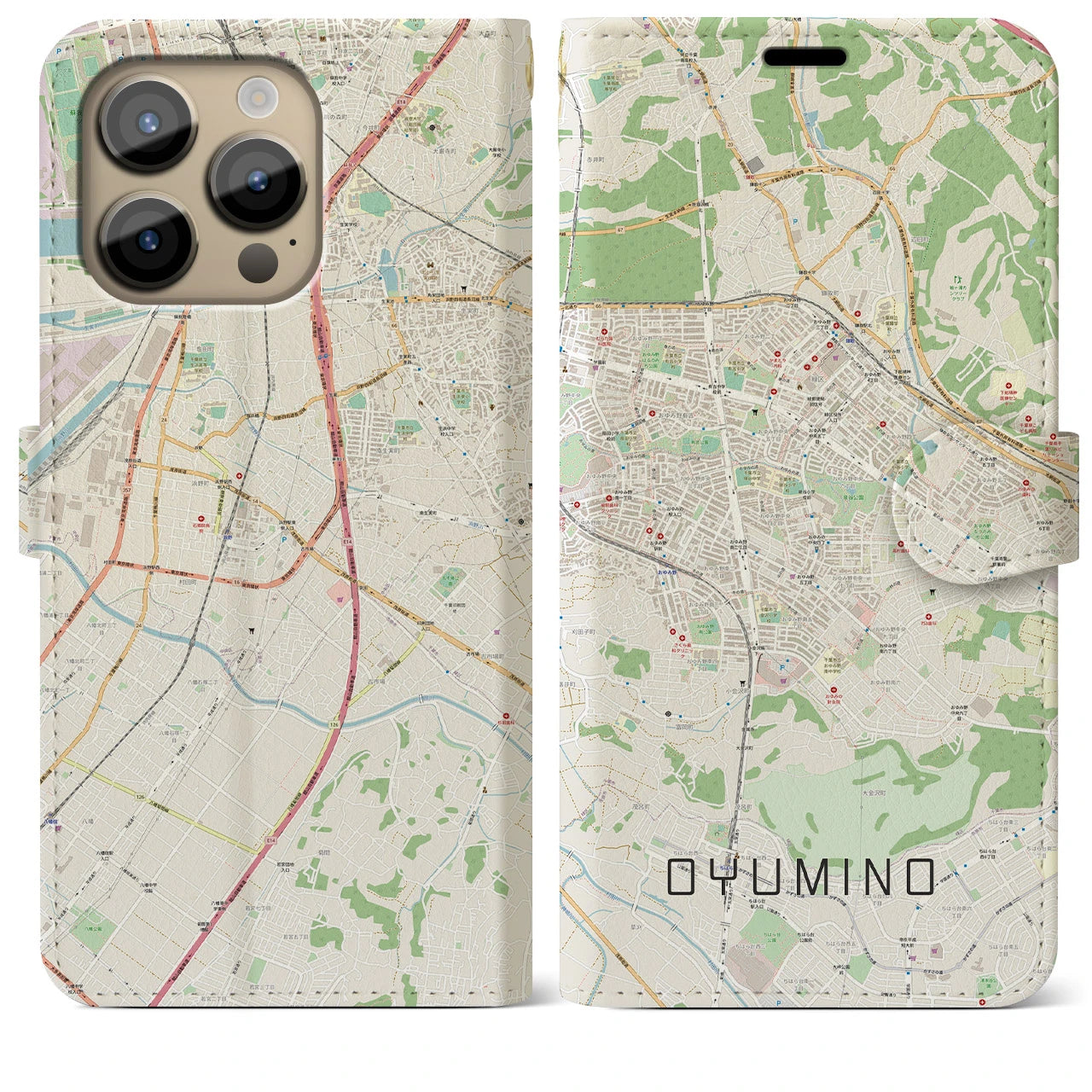 【おゆみ野】地図柄iPhoneケース（手帳両面タイプ・ナチュラル）iPhone 14 Pro Max 用