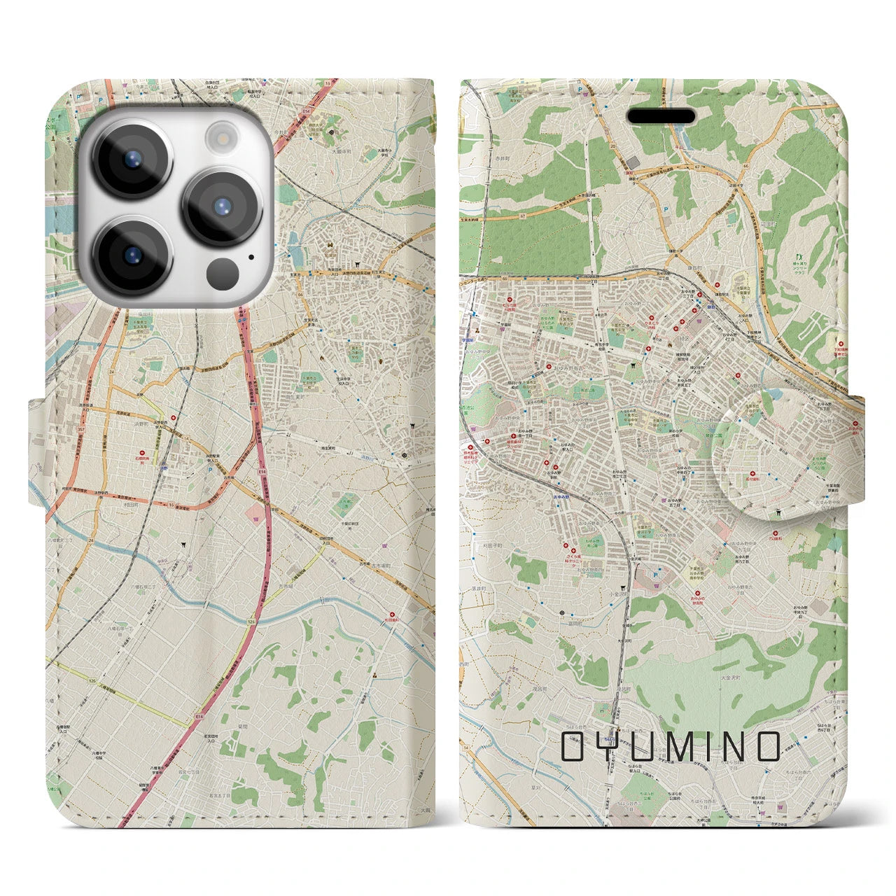 【おゆみ野】地図柄iPhoneケース（手帳両面タイプ・ナチュラル）iPhone 14 Pro 用