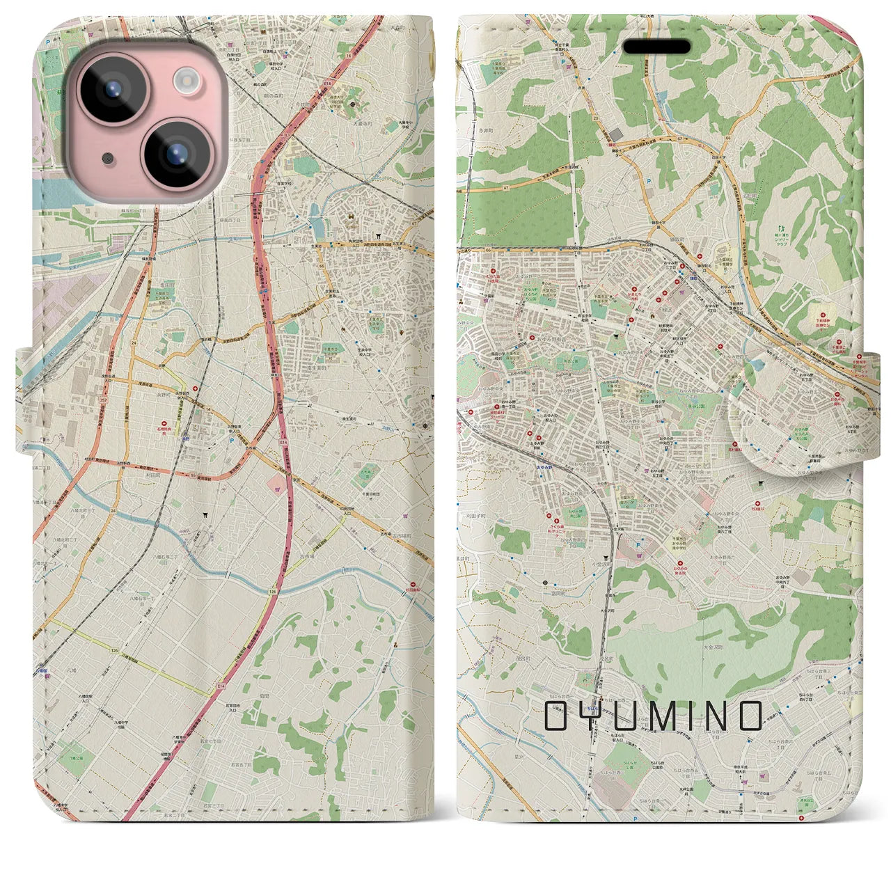【おゆみ野】地図柄iPhoneケース（手帳両面タイプ・ナチュラル）iPhone 15 Plus 用