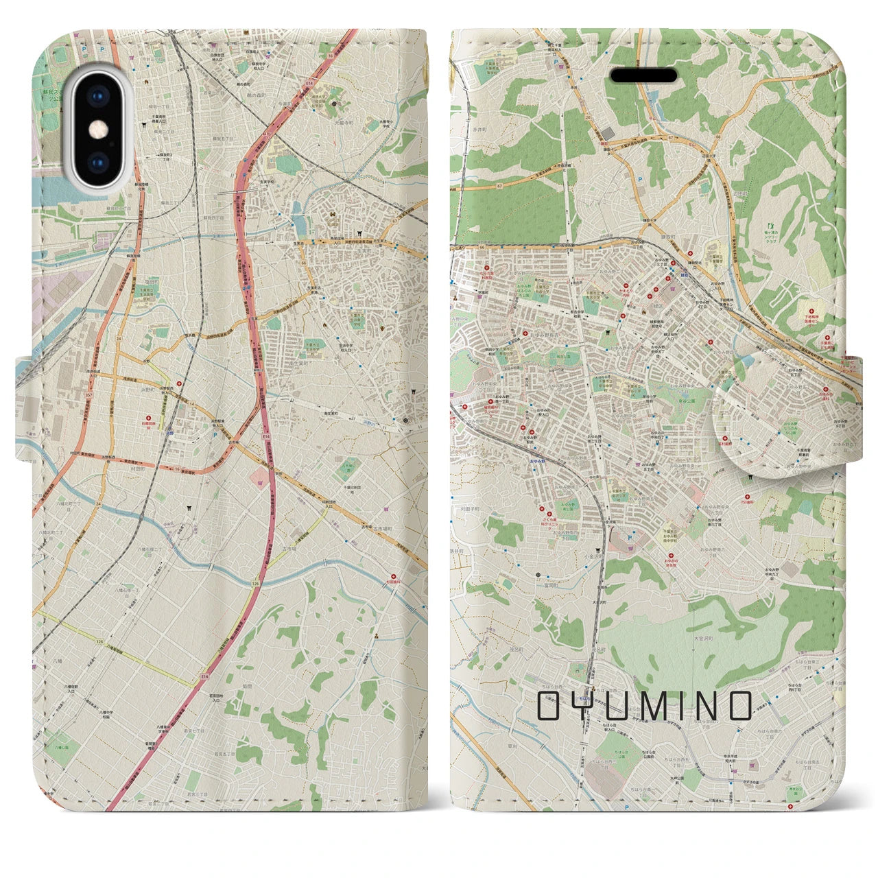 【おゆみ野】地図柄iPhoneケース（手帳両面タイプ・ナチュラル）iPhone XS Max 用