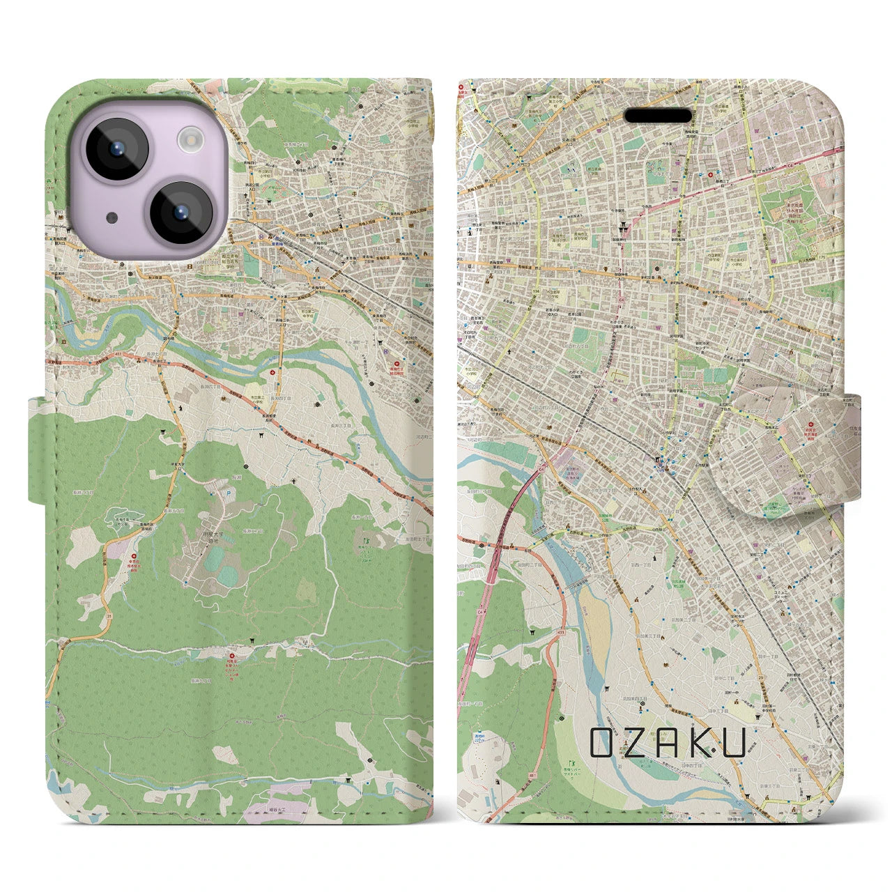 【小作】地図柄iPhoneケース（手帳両面タイプ・ナチュラル）iPhone 14 用