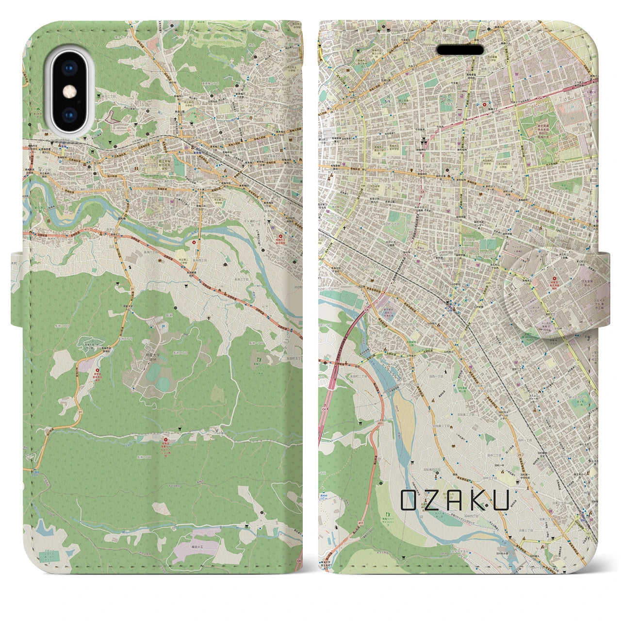【小作】地図柄iPhoneケース（手帳両面タイプ・ナチュラル）iPhone XS Max 用