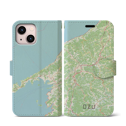 【大洲（愛媛県）】地図柄iPhoneケース（手帳タイプ）ナチュラル・iPhone 13 mini 用