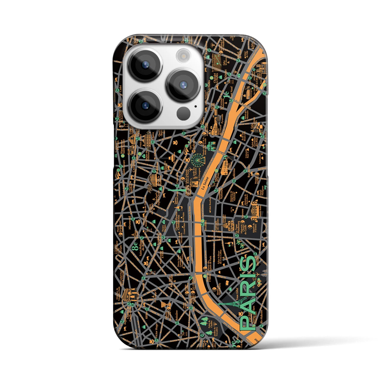 【パリ（イラスト）】地図柄iPhoneケース（バックカバータイプ・ダーク）iPhone 14 Pro 用