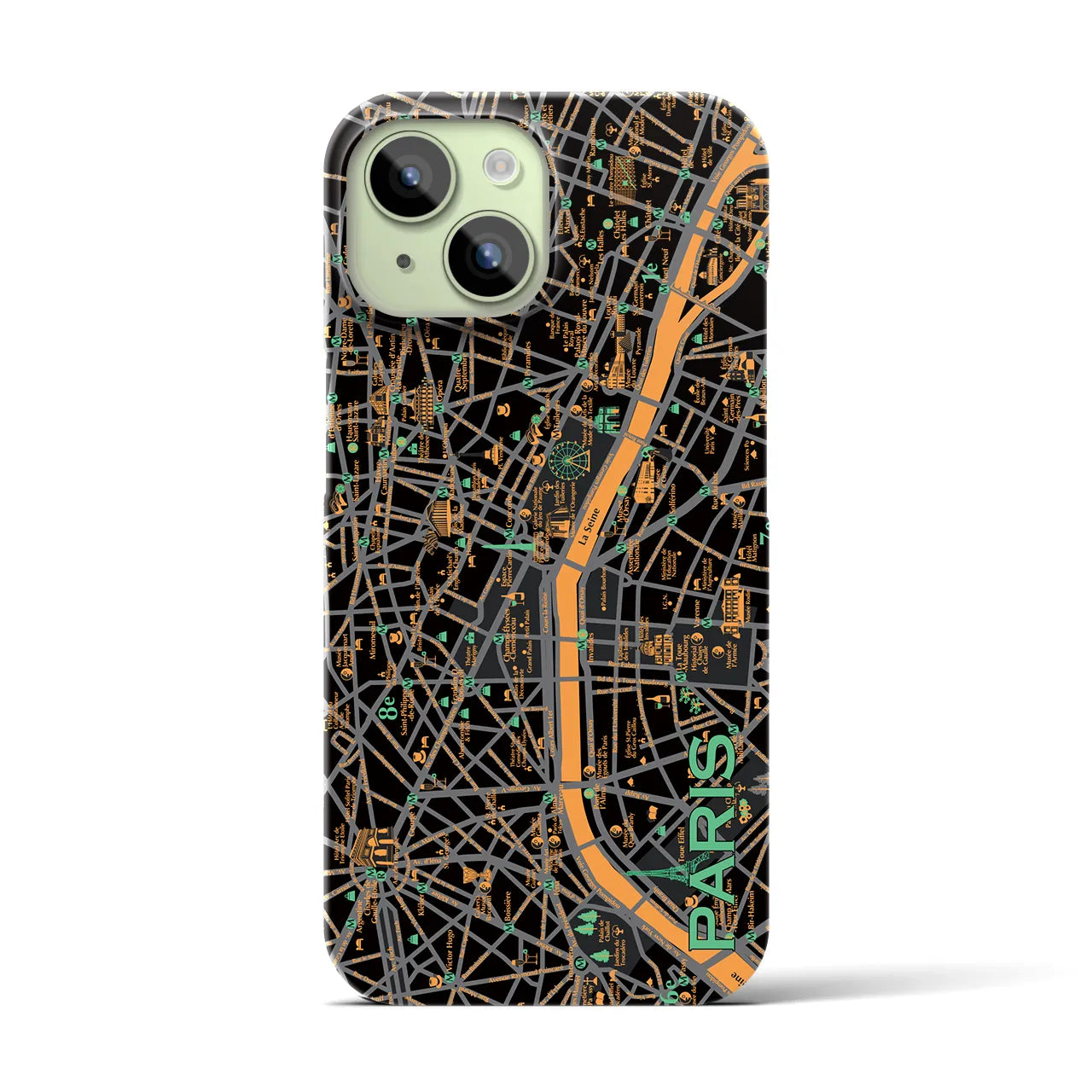 【パリ（イラスト）】地図柄iPhoneケース（バックカバータイプ・ダーク）iPhone 15 用