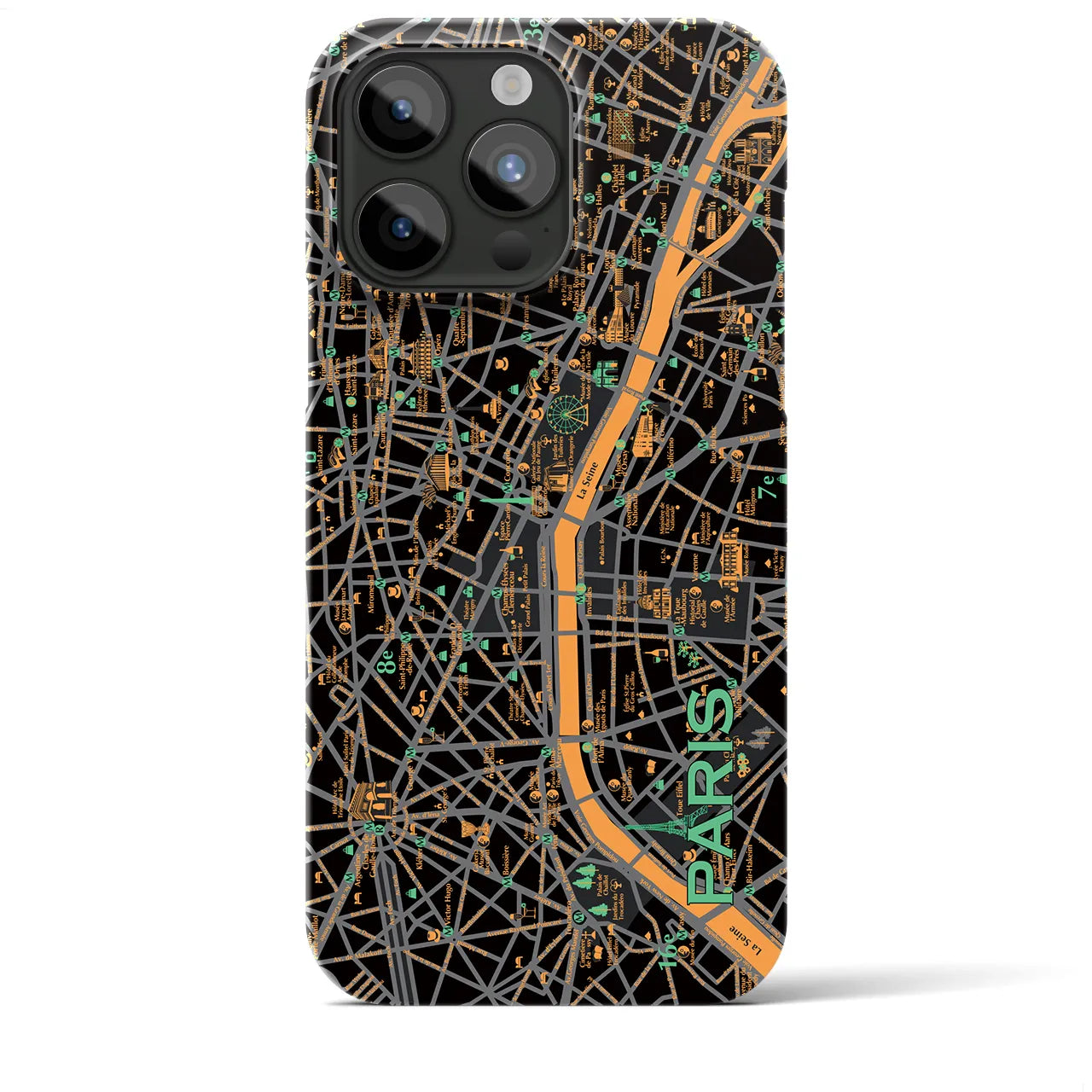 【パリ（イラスト）】地図柄iPhoneケース（バックカバータイプ・ダーク）iPhone 15 Pro Max 用