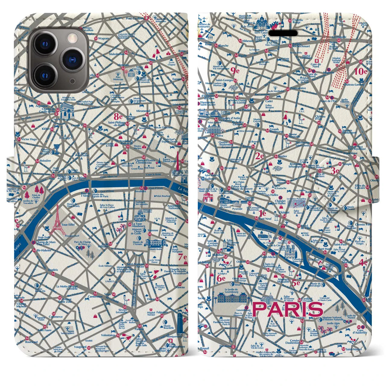 【パリ（イラスト）】地図柄iPhoneケース（手帳両面タイプ・ブライト）iPhone 11 Pro Max 用