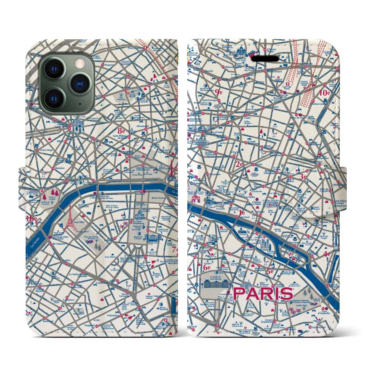 【パリ（イラスト）】地図柄iPhoneケース（手帳両面タイプ・ブライト）iPhone 11 Pro 用
