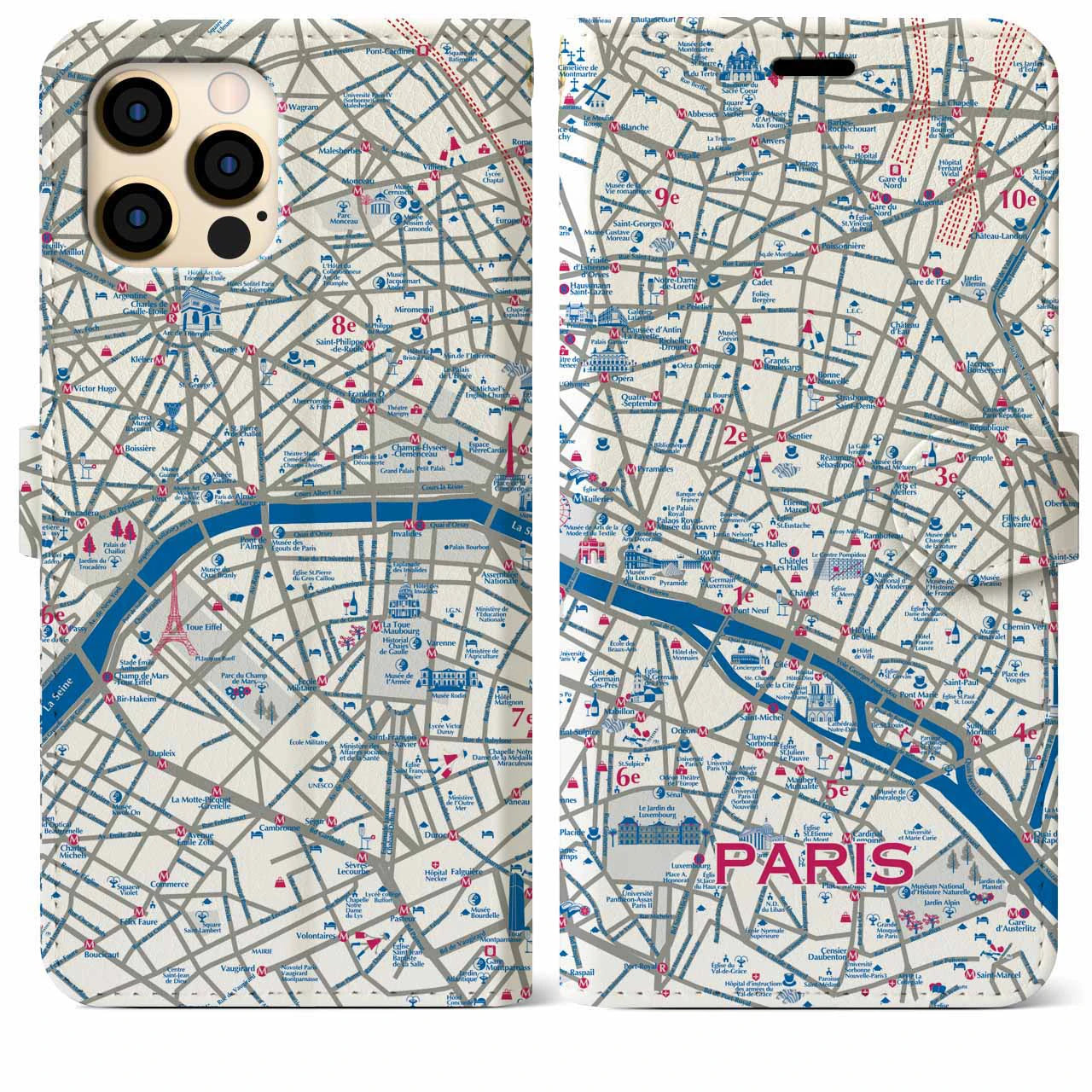 【パリ（イラスト）】地図柄iPhoneケース（手帳両面タイプ・ブライト）iPhone 12 Pro Max 用